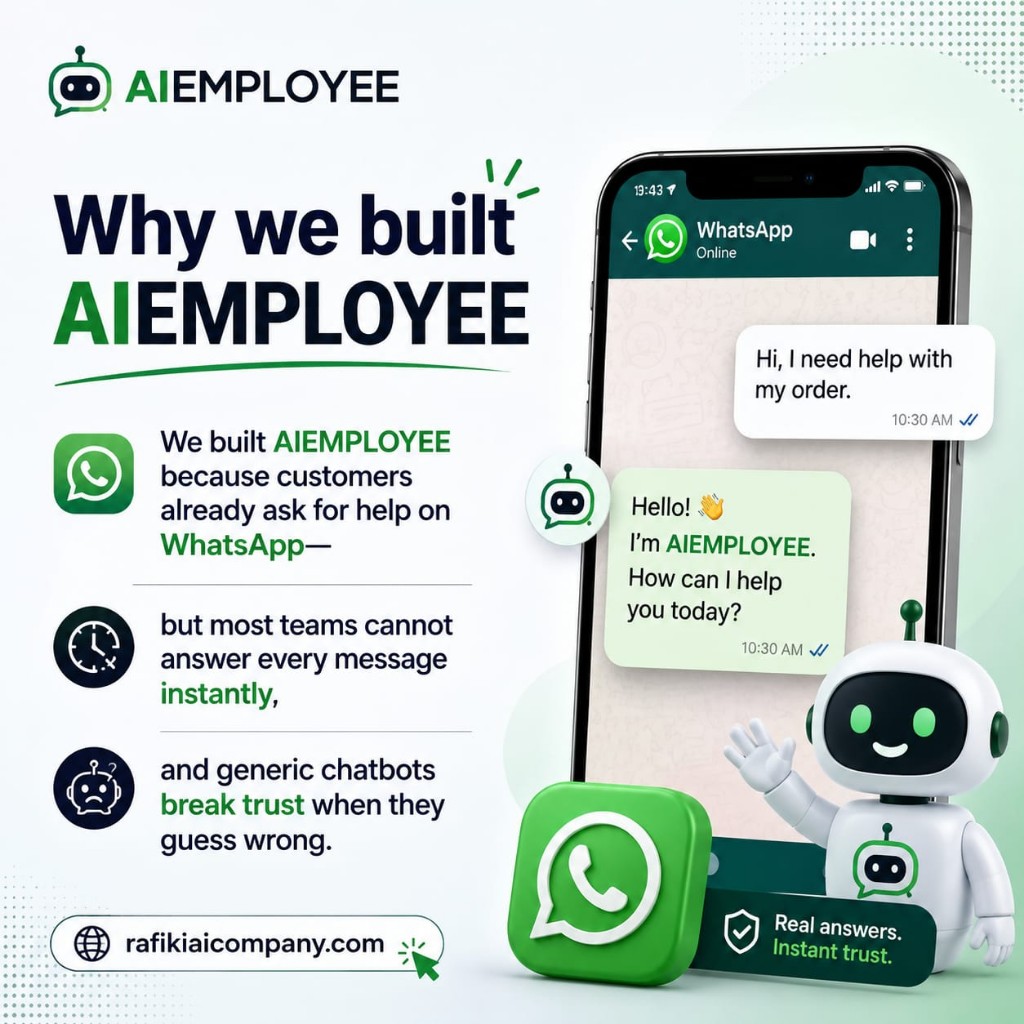 Why we built AIEMPLOYEE — We built AIEMPLOYEE because customers already ask for help on WhatsApp, but most teams cannot answer every message instantly, and generic chatbots break trust when they guess wrong. Real answers, instant trust.